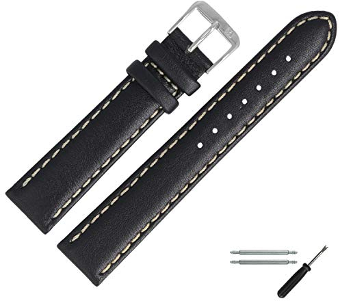 MARBURGER Uhrenarmband 22mm Leder Schwarz Silber Glatt Mit Naht - Montage Set 8062210000120