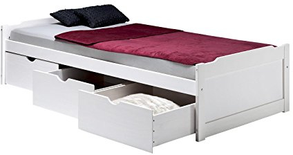 Bett MIA aus massiver Kiefer in weiß, schönes Funktionsbett mit 3 Schubladen, praktisches Jugendbett mit Liegefläche 90 x 200 cm