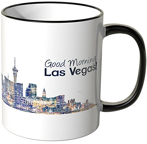 WANDKINGS® Tasse, Schriftzug Good Morning Las Vegas! mit Skyline bei Nacht - SCHWARZ