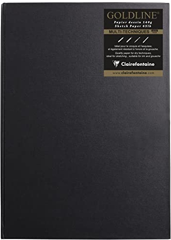 Clairefontaine 34241C Carnet Cousu Goldline - 64 Feuilles Papier Dessin Blanc - A3 29,7x42 cm 140g - Format Portrait - Couverture Rigide Noire Imitation Toile