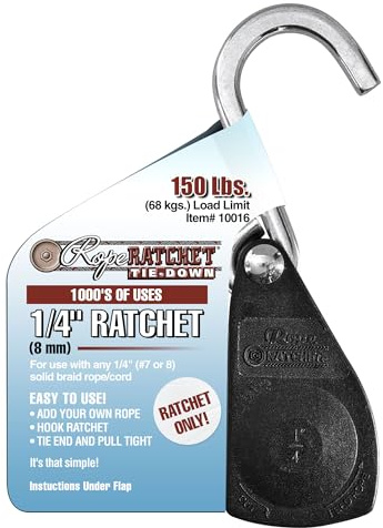 Rope Ratchet 1/4 Tie Down Pulley Hanger, Heavy Duty Locking Mechanism, Tightener for Shade Sails, Hammocks, Canopy Anchoring, Garden Hoisting, Outdoor Use, 150 lbs Capacity - No Rope Included
