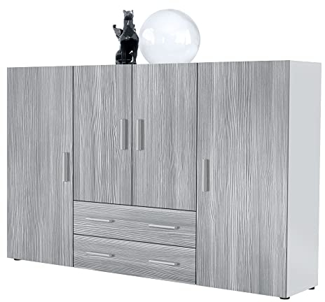 Vladon Highboard Nora Anrichte mit 2 Schubladen und 4 Türen mit insgesamt 8 Fächer dahinter, Weiß matt/Avola-Anthrazit (166,5 x 106,5 x 35 cm)