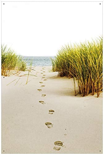Wallario Outdoor-Poster für Garten oder Balkon Spuren im Sand- Fußspuren durch die Düne zum Meer, Motivbanner Größe: ca. 60 x 90 cm, Outdoor-Bild