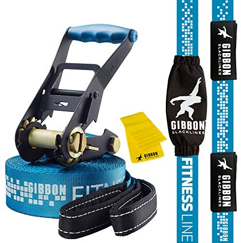 Gibbon Slacklines Fitness Line, Blau, 15 Meter (12,5m Band + 2,5m Ratschenband), Anfänger, Einsteiger und Fitnessbegeisterte, mit Ratschenschutz und -rücksicherung, Breite 2/5cm
