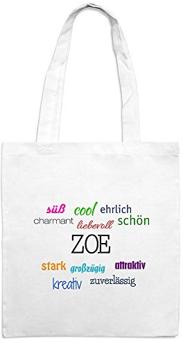 Jutebeutel mit Namen Zoe - Motiv Positive Eigenschaften - Farbe weiß – Stoffbeutel, Jutesack, Hipster, Beutel