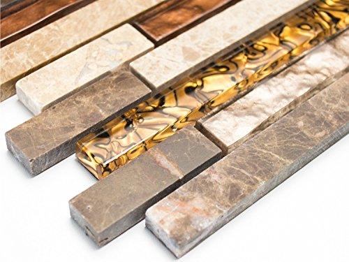 Mosaik Verbund Crystal/Marmor mix beige/braun Glas Naturstein Fliesenspiegel, Mosaikstein Format: 15x48/98/148x8 mm, Mattengröße: 298x338 mm, 1 Matte