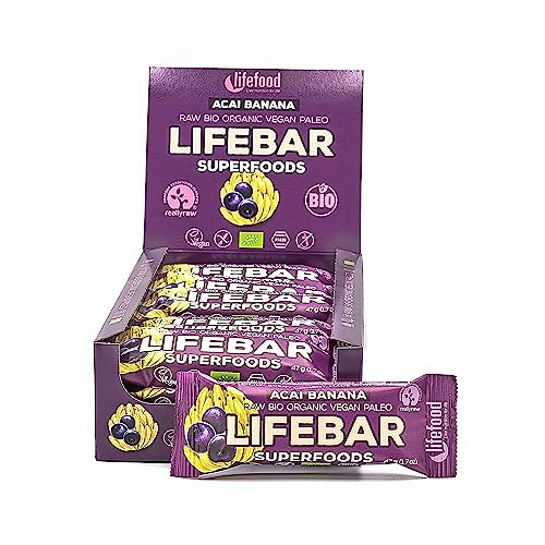 Lifebar Energieriegel Superfoods, Lifefood Raw Energie Riegel, Vegan Sportriegel mit Antioxidantien, Bio Energy Bar für Wandern, Radsport, Fitness (Acai & Banane)