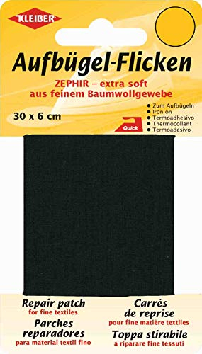 Kleiber 30 x 6 cm Extra weiches, feines Baumwollausbesserungsband zum Aufbügeln, schwarz
