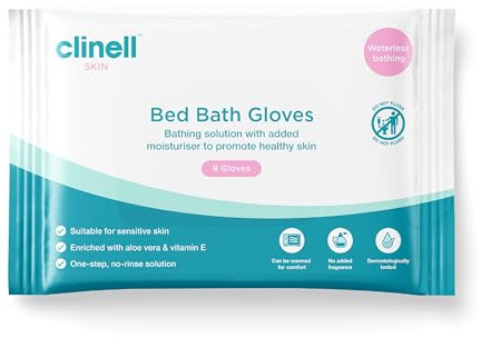 Clinell Skin Bed Bath Gloves - Pack of 8 Gloves - Easy to use, Containing Aloe Vera, Dermotologically Tested, Alcohol-Free, Gentle pH Neutral Formula