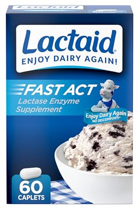 Lactaid Fast Act Lactose Intolerance Relief Caplets, Lactase Enzyme to Prevent Gas, Bloating and Diarrhea Due to Lactose Sensitivity, Single-Serve Supplements for Travel and On-The-Go, 60 Count