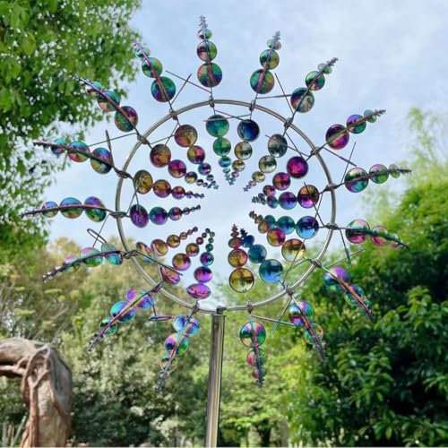Molino de Viento Decorativo para Jardín, Escultura Metálica con Esferas Iridiscentes, Arte Cinético para Exterior,El Molino de Viento Exterior, el Molino de Metal. (Colour)