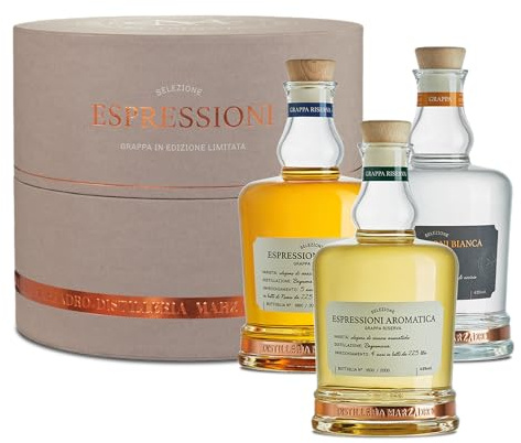 Marzadro Espressioni Grappa Geschenkset – 3 Sorten, je 0,35 l | Limitierte Edition aus dem Trentino – Aromatica, Bianca & Riserva in eleganter Geschenkbox