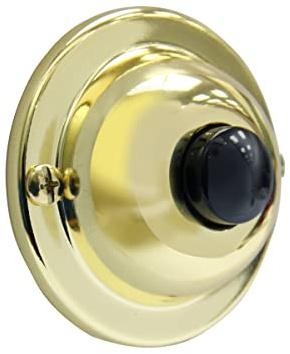 IQ America DP1605 Classic Round Brass Plated Surface Mounted Traditional Doorbell Pushbutton Black Push Button for use with Most Wired Door Bells Chimes 3.5 x 1 x .75