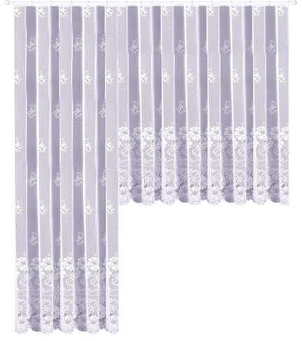 heimtexland Gardine Store weiß Jacquard halbtransparent Blumen Bordüre gebogt Kräuselband Vorhang Typ318 Langstore HxB 240 x 900 cm für Fensterbreite 305-375 cm