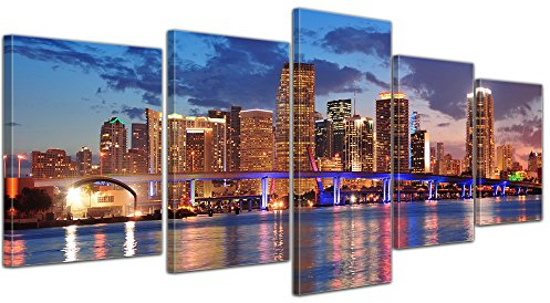 Bilderdepot24 Bild auf Leinwand | Skyline von Miami South Beach - Florida in 200x80 cm mehrteilig als Wandbild XXL | Wand-deko Dekoration Wohnung modern Bilder | 171028