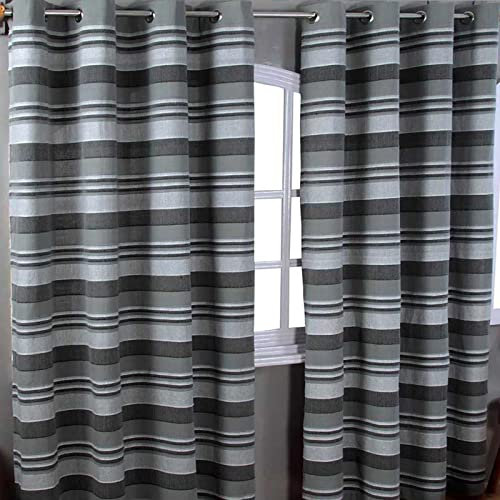 HOMESCAPES Charcoal Grey Eyelet Curtain Pair 167cm (66) Wide x 182cm (72) Drop Morocco Stripe Design Ring Top Curtain Pair