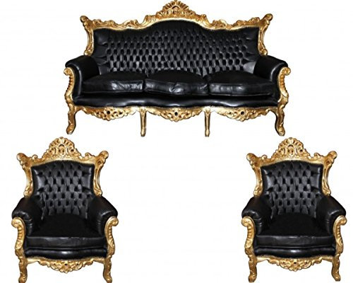 Casa Padrino Barock Wohnzimmer Set Master Schwarz/Gold Lederoptik Mod2-3-er Sofa + 2 Sessel