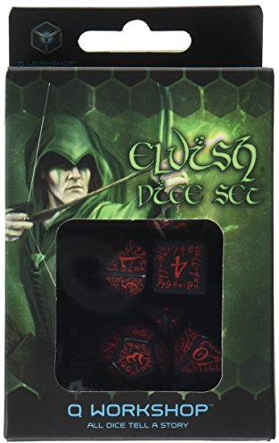 Q WORKSHOP Elvish Black & red RPG Ornamented Dice Set 7 Polyhedral Pieces, 2.29 x 7.37 x 10.67 cm