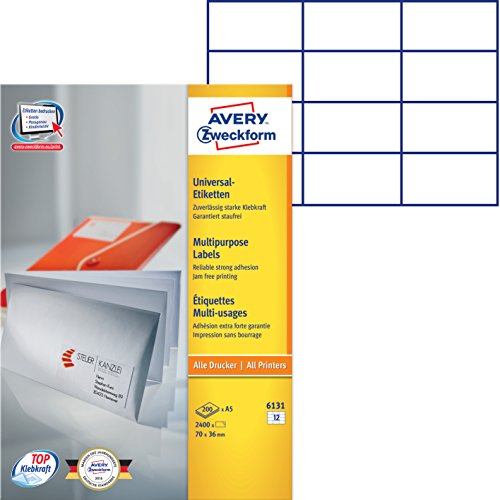 AVERY Zweckform 6131 Universal-Etiketten (A5, Papier matt, 2,400 Etiketten, 70 x 36 mm, 200 Blatt) weiß