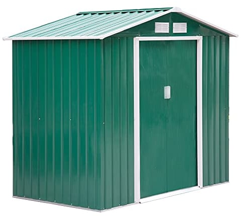Outsunny Casetta da Giardino Porta Utensili in Lamiera di Acciaio, Capanno da Giardino in Acciaio con Porte Scorrevoli, 213x130x185cm, Verde