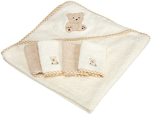 Spasilk 5-Piece Soft Terry Hooded Bath Towel and Washcloth Set, 1 Baby Towel and 4 Baby Washcloths for Newborn Boys and Girls, Brown Bear