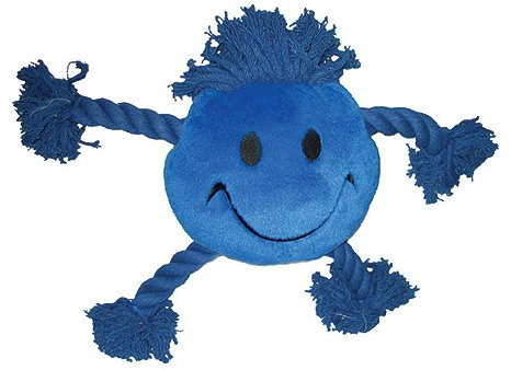 Happy Pet Mad About Pets Blue Happy Faces Dog Toy Rope Limbs Squeaking Soft Safe Interactive Cuddly Stuffed Durable Playing Plushie