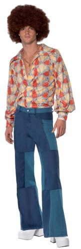 Smiffys 70s Retro Costume, Blue with Shirt & Patchwork Denim Trousers, 1970's Disco Fancy Dress, 1970s Dress Up Costumes
