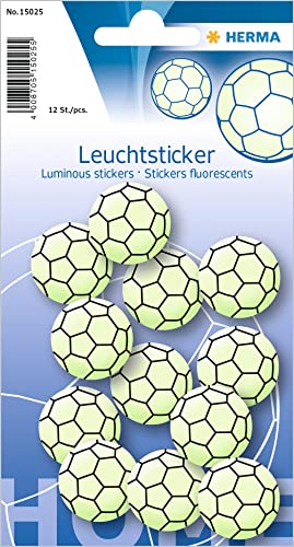 HERMA 15025 Aufkleber Fußball klein mini, 12 Stück, selbstklebend, leuchtende Fussball Wandaufkleber Wandsticker, Leuchtsticker aus Plastik zur Kinderzimmer Dekoration für Kinder Mädchen Jungen