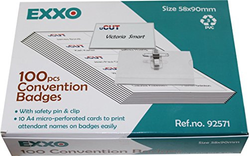 Namensschilder 58 mm hoch x 90 mm breit mit Clip-Nadel-Kombination mit Blanko-Karton-Einlagen auf DIN A4 Bogen - 100 Stück