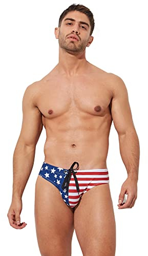 F plus R Herren-Badeanzug, Motiv: USA-Flagge, Sterne, niedrige Taille, Bikini-Slip, Strand-Badeanzug, Blau/Rot/Weiß, XL