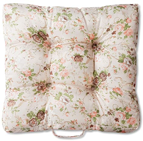 wometo Sitzkissen Bodenkissen 40x40 8cm hoch Oeko-TEX - Landhaus Rosen-Motiv rosa pink weiß mit Tragegriff für Indoor und Outdoor