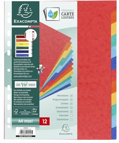 Exacompta 2412E Premium-Register für DIN A4 MAXI aus starkem Colorspankarton 12-teilig volle Höhe 24 x 30 cm vollfarbig 12 Farben mit Indexseite zum selbstgestalten Trennblätter Trennstreifen