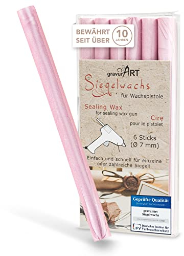 gravurART Siegelwachs flexibel für Wachspistole - Stilvoll Briefe versiegeln mit dem 6er Pack Wachs für Siegelstempel in Rosé-perlmutt - 7 mm