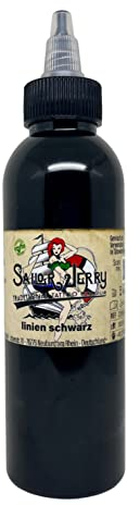 REACH-konforme Sailor Jerry Tattoofarbe, Liner Black (Linien Schwarz), 150 ml. Deutsche Tattootinte mit Zertifikat. Tätowierfarbe, Tattoo Ink, deutsche Tattoofarbe