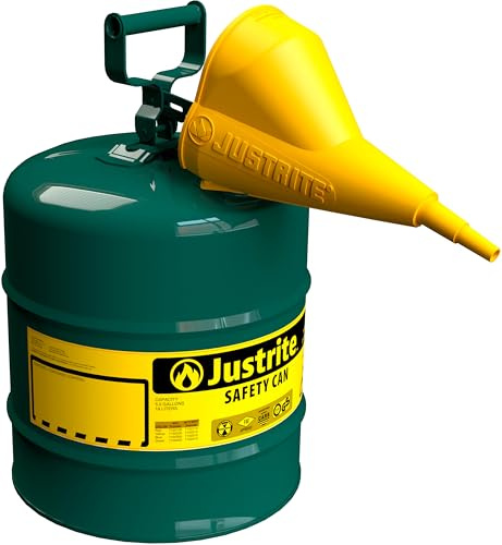 Justrite 5 Gallon Type I Green Safety Can for Oil with Flame Arrester, Self-Closing Lid, and Funnel, Made in the USA, Galvanized Steel Flammable Storage Can, 7150410