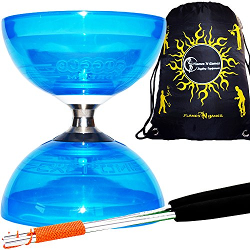 Juggle Dream Diabolo Set Cyclone QUARTZ II (Blau) Pro Triple Bearing Clutch Diabolos + Metall Aluminium Diabolo Handstäbe, Diablo String & Stoff Reisetasche !