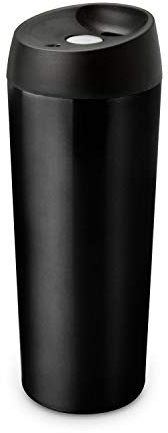ROMINOX Geschenkartikel Isolierbecher // Recta 500ml schwarz, Kaffeebecher, Heißgetränkebecher, Thermobecher, isolierende Doppelwand, auf Druckknopf trinkbereit, 500 ml; Maße: ca. 8 x 8 x 21.5 cm