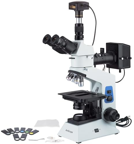 AmScope ME508 Series Compact Trinocular Metallurgical Upright Compound Microscope 40X-800X Magnification Dual-Illumination Polarized Light with 18MP USB 3.0 C-Mount Camera