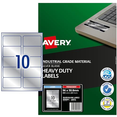 AVERY Zweckform L6012-20 Typenschild-Etiketten 10 Stück pro Blatt 96 x 50,8 mm 200 Etiketten silber
