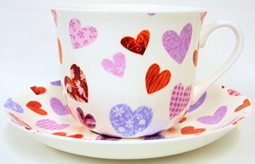 Patched Hearts Breakfast Cup & Saucer Fine Bone China Large Hearts Cup & Saucer Hand Decorated in The U.K. Free UK Delivery