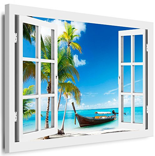 Boikal - Wandbilder Fensterblick 80 x 70 cm Leinwandbild modern Kunstdrucke Wanddesign Wanddekoration Wanddeko Weiß Fenster Bild Boot Strand Meer Palmen XXL60-4