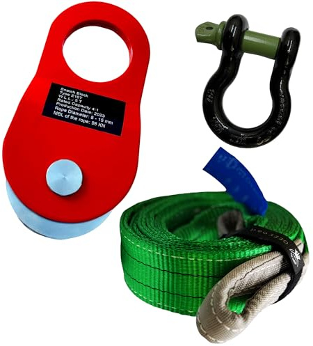 Bergeset - mit Umlenkrolle, Schäkel und Bergungsgurt - Abschleppgurt ideal als Abschleppset für Bergungen oder als Forstset (Umlenkrolle10T I Schäkel 7/8 I Bergegurt 1,5 m)
