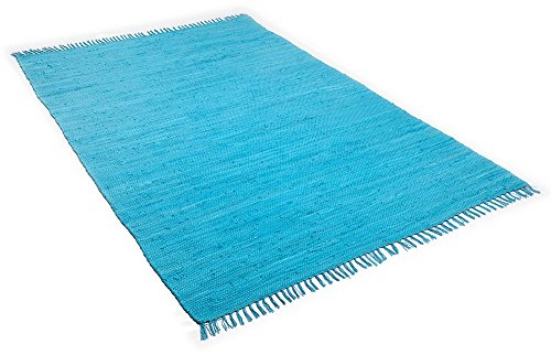 Dhurry | Fleckerl | Flachgewebe-Teppich aus 100% Baumwolle; handgewebt, waschbar, beidseitig verwendbar | 40 x 60 cm; Türkis | Happy Cotton