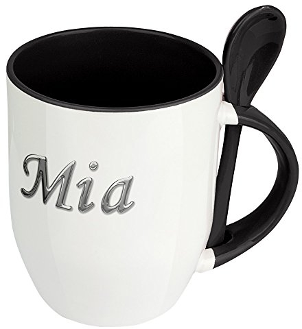 digital print Namenstasse Mia - Löffel-Tasse mit Namens-Motiv Chrom-Schriftzug - Becher, Kaffeetasse, Kaffeebecher, Mug - Schwarz