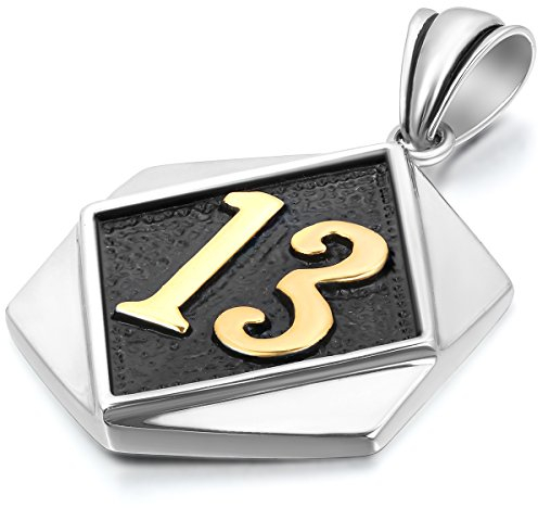 JewelryWe Schmuck Edelstahl Glückszahl 13 Sechseck Tag Anhänger mit 55cm Kette, Halskette für Damen und Herren, Gold Schwarz Silber