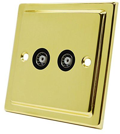 Victorian Polished Brass 2 Gang TV Socket Black Insert - Double 2-Gang Aerial Coaxial Female Socket