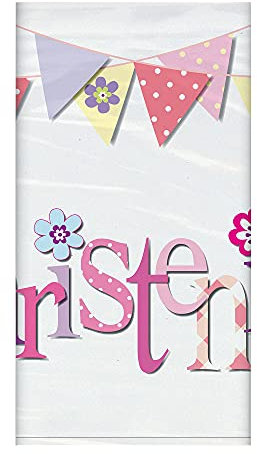 Unique Party 52033 - Plastic Pink Bunting Christening Tablecloth, 7ft x 4.5ft, 54 x 84