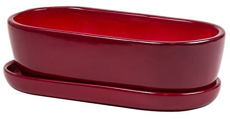 Ecoceramik Keramik Bonsaischale Blumentopf Blumenschale inkl. Untersetzer handbemalt Bonsai Kakteen L.285 mm rot Wasserablaufloch