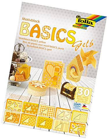 folia 46149 - Motivblock Basics gelb sortiert, 24 x 34 cm, 30 Blatt, 10 x Motivkarton, 10 x Motivpapier, 10 x Tonpapier, für vielfältige Bastelarbeiten