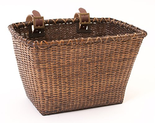 Retrospec Bicycles Cane Woven Rectangular Toto Basket with Authentic Leather Straps and Brass Buckles, Dark Stain